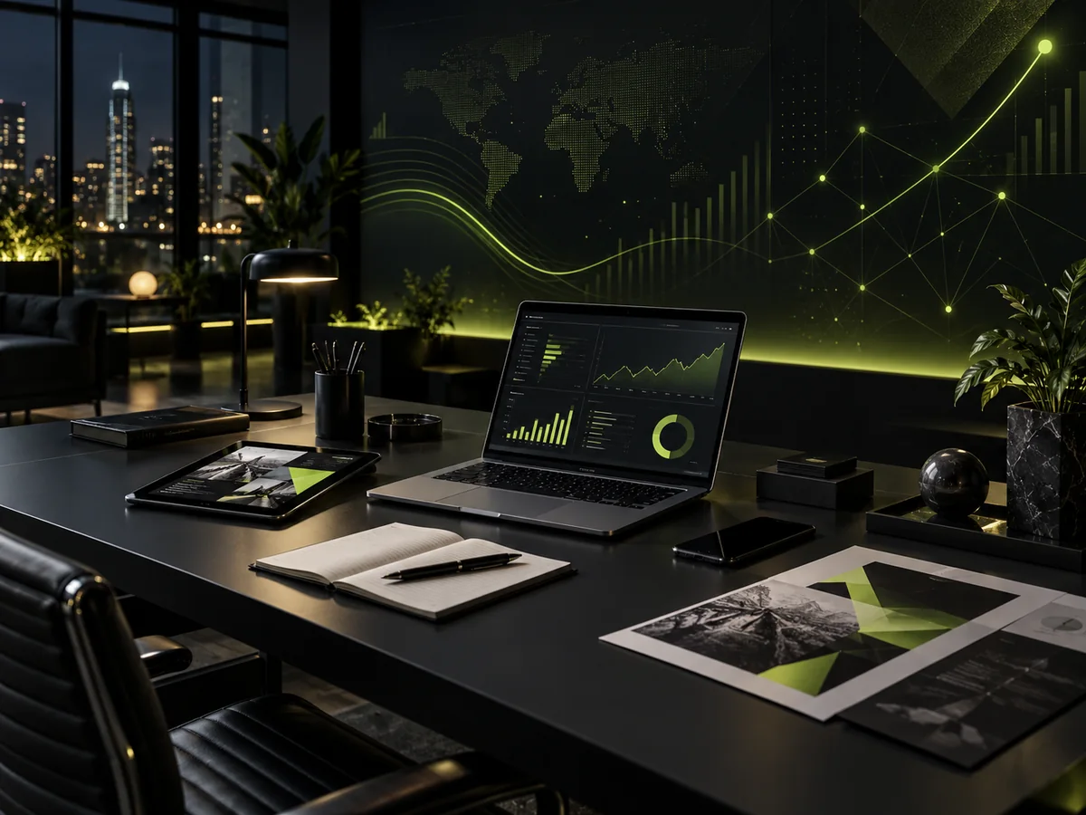 Small Business Marketing Strategy and Growth Analytics Modern marketing office with a laptop displaying campaign performance and growth analytics