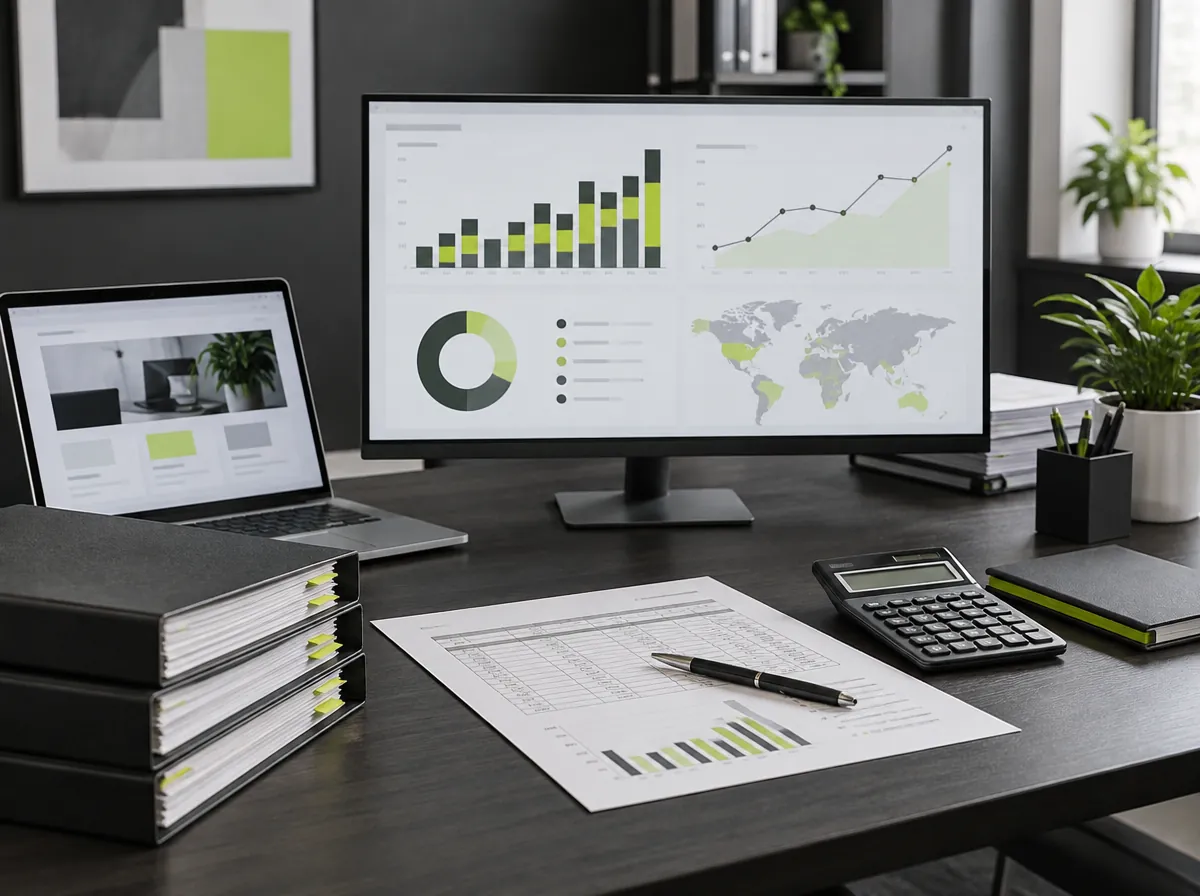 Bookkeeping marketing workspace with financial campaign materials Bookkeeping marketing workspace with financial campaign materials