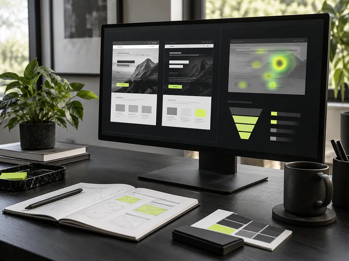 Conversion optimization workspace with landing page tests and heatmap Conversion optimization workspace with landing page tests and heatmap