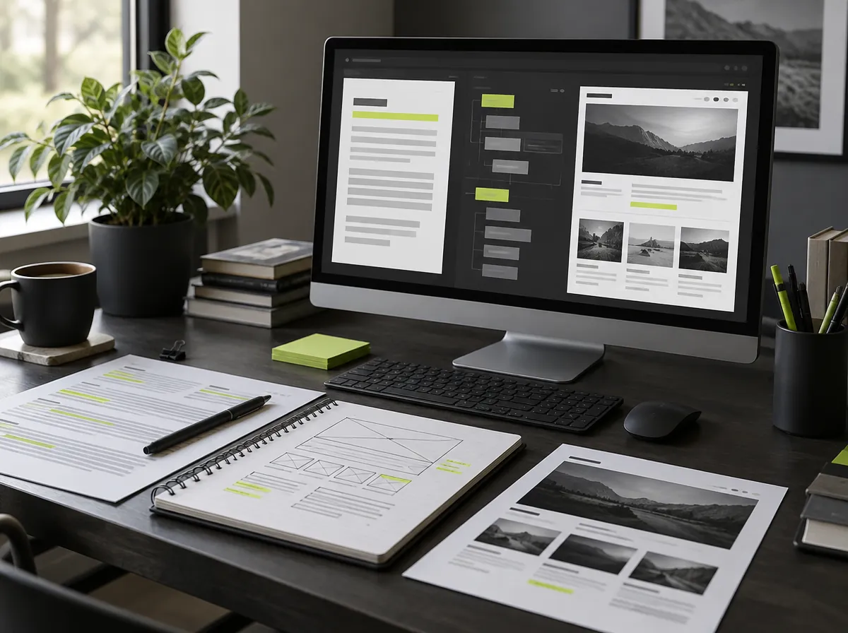 Copywriting workspace with content briefs and web page layouts Copywriting workspace with content briefs and web page layouts
