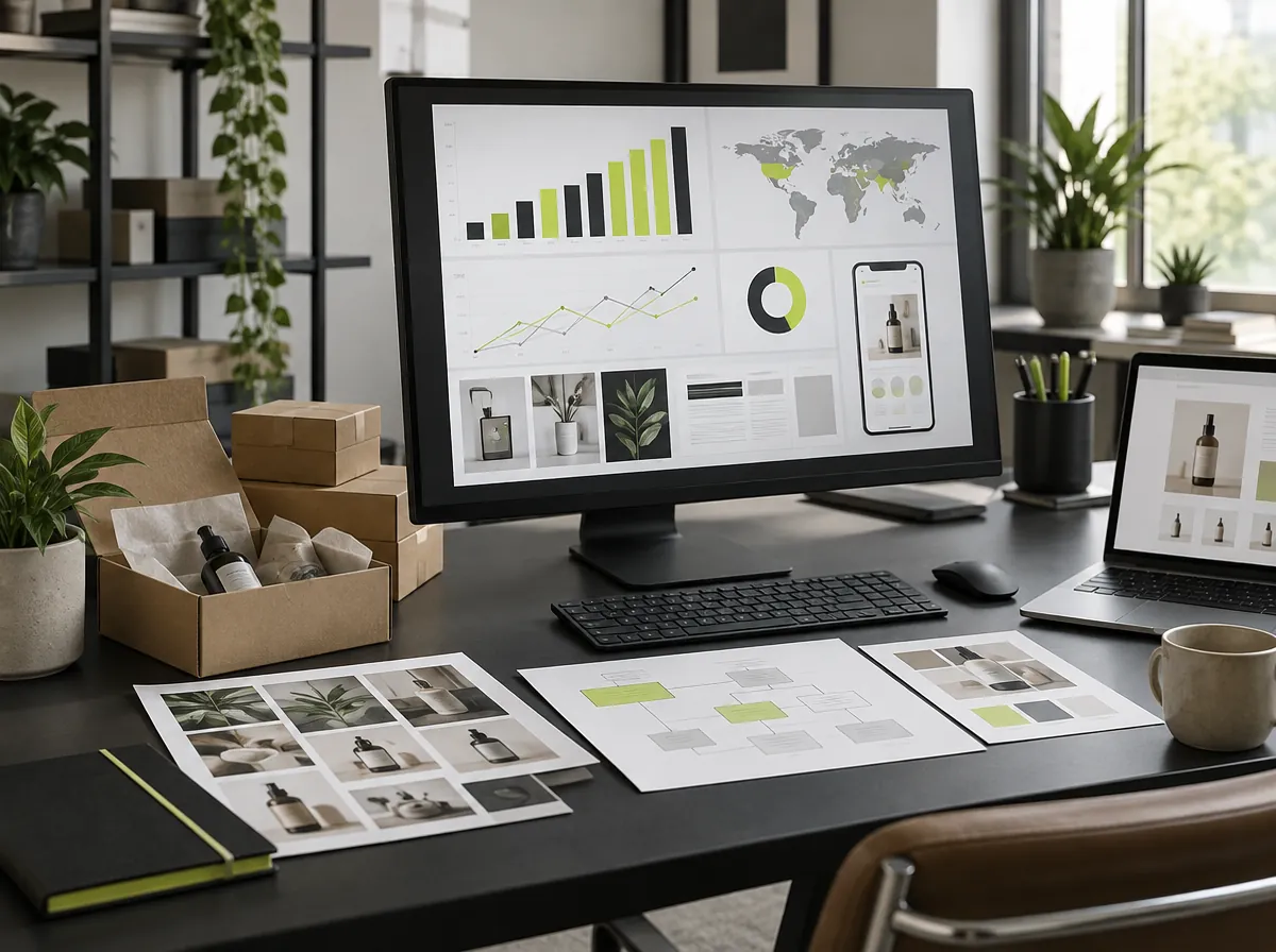 Ecommerce marketing workspace with store performance dashboards Ecommerce marketing workspace with store performance dashboards