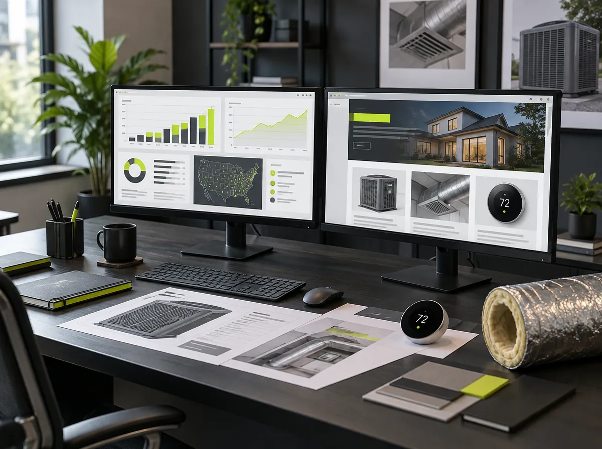 HVAC system alongside digital marketing analytics dashboard HVAC system alongside digital marketing analytics dashboard