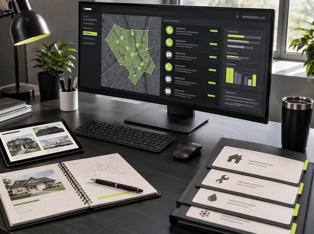 Local service advertising workspace with lead queue and service area map Local service advertising workspace with lead queue and service area map