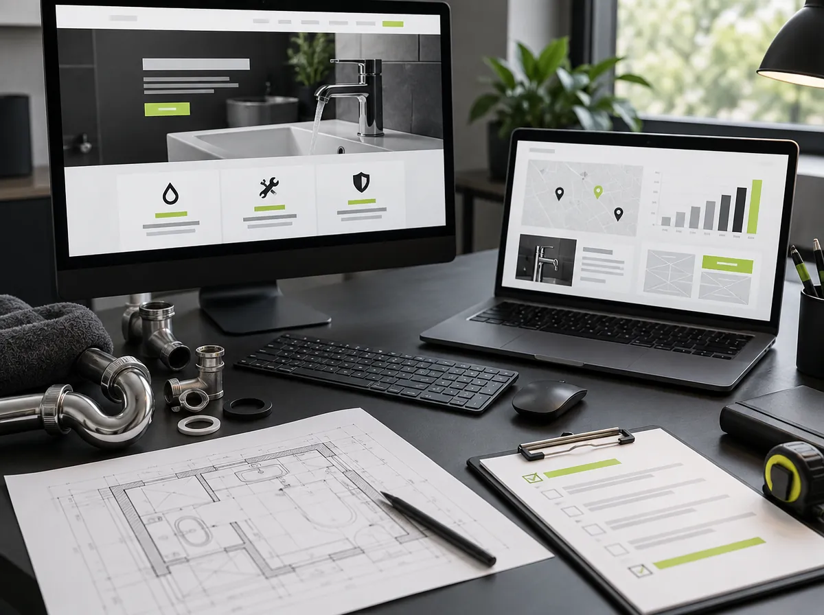 Plumbing company website design displayed on desktop and mobile Plumbing company website design displayed on desktop and mobile