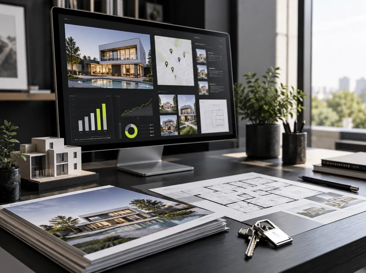 Real estate marketing workspace with property and campaign dashboards Real estate marketing workspace with property and campaign dashboards