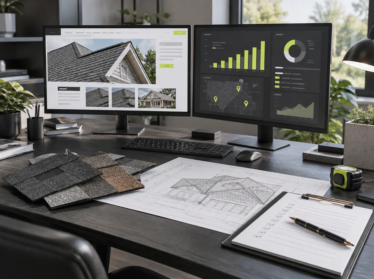 Roofing project with digital marketing analytics overlay Roofing project with digital marketing analytics overlay