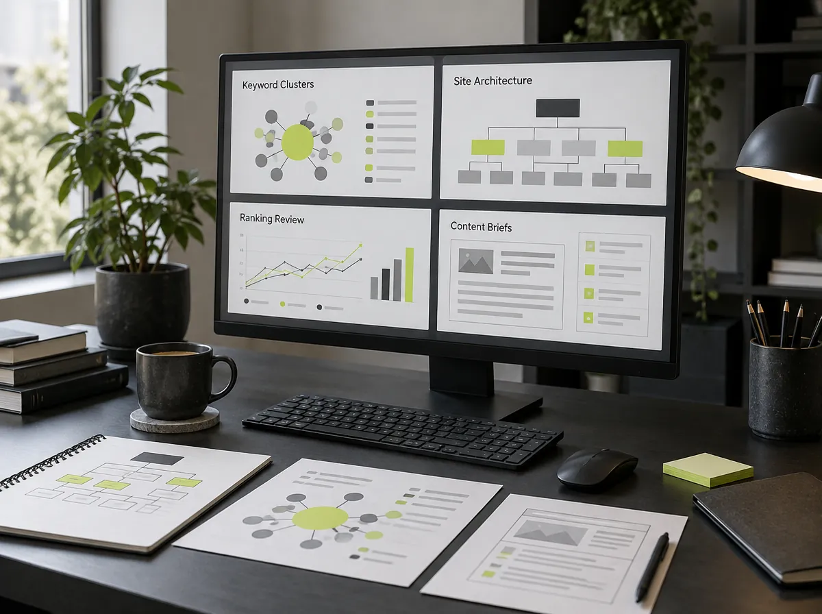 SEO strategy workspace with search visibility and analytics dashboards SEO strategy workspace with search visibility and analytics dashboards