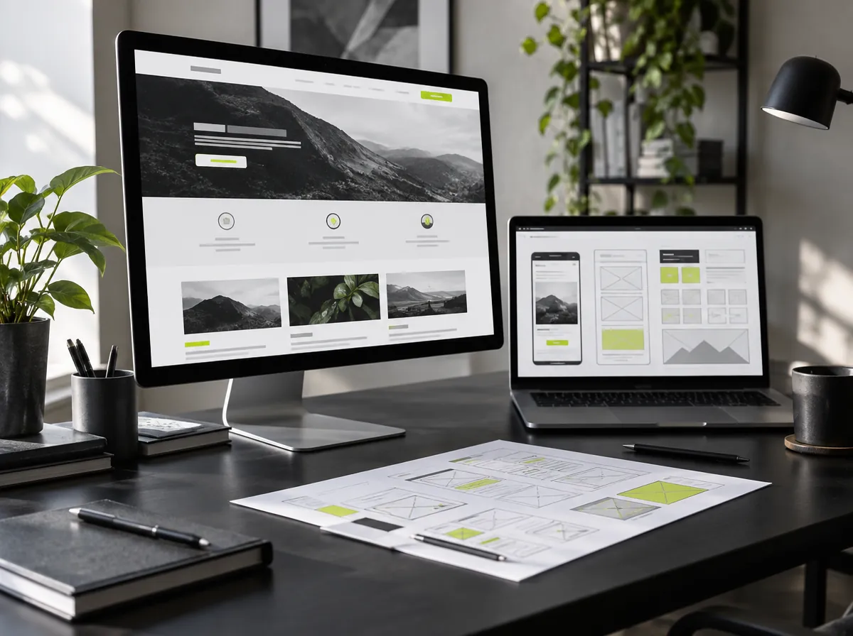 Responsive website designs displayed on laptop and mobile devices Responsive website designs displayed on laptop and mobile devices