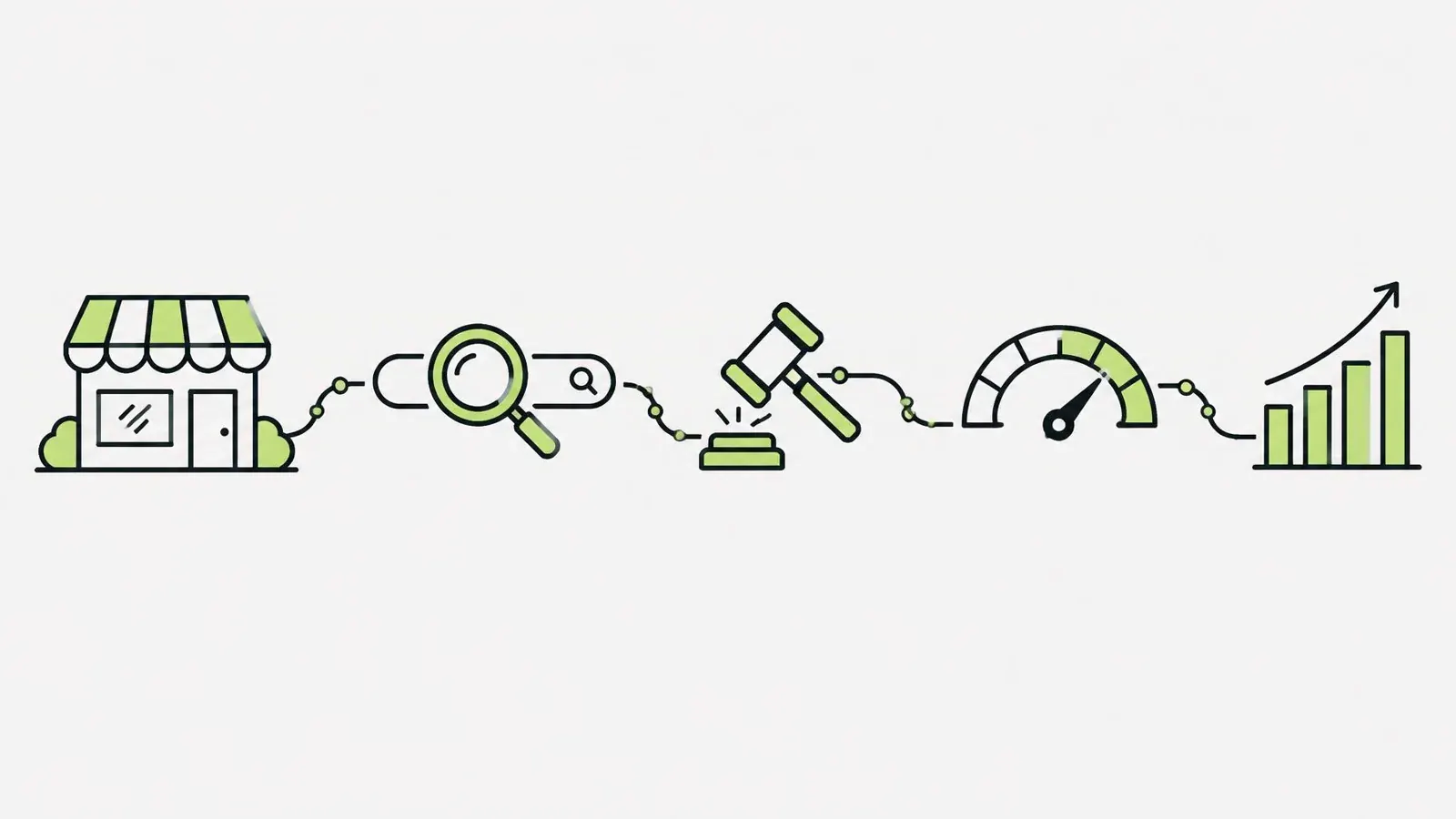 Small business storefront connected to a search ad, an auction gavel, a budget meter, and a results chart in charcoal and lime linework